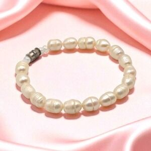 Handmade Cream Colored Baroque Freshwater Pearl Bracelet Silvertone Barrel Clasp